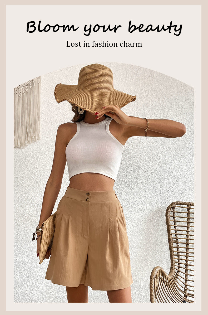 Womens Shorts Dressy Casual 2025 Trendy Summer Elastic High Waisted Pleated Side Slit Business Work Shorts Pockets - Seldom Seen Styles