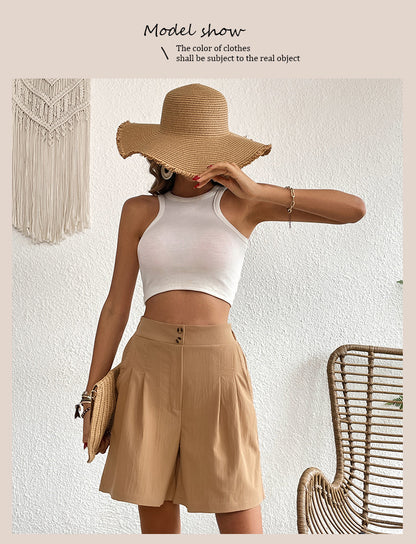 Womens Shorts Dressy Casual 2025 Trendy Summer Elastic High Waisted Pleated Side Slit Business Work Shorts Pockets - Seldom Seen Styles