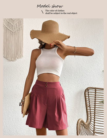 Womens Shorts Dressy Casual 2025 Trendy Summer Elastic High Waisted Pleated Side Slit Business Work Shorts Pockets - Seldom Seen Styles