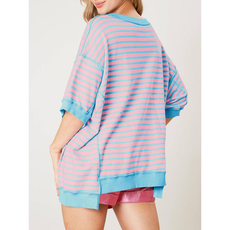 Womens Spring Summer Half Sleeve Oversized T Shirts Striped Color Block Cotton Tops Loose Sweatshirts - Seldom Seen Styles