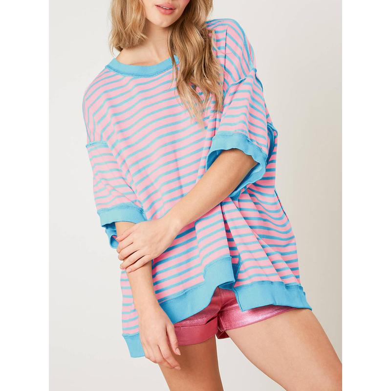 Womens Spring Summer Half Sleeve Oversized T Shirts Striped Color Block Cotton Tops Loose Sweatshirts - Seldom Seen Styles