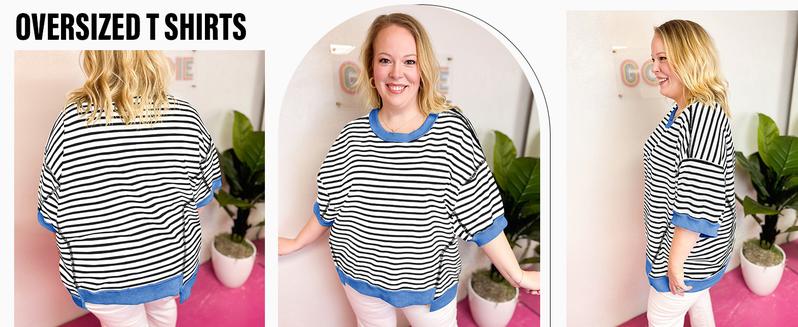 Womens Spring Summer Half Sleeve Oversized T Shirts Striped Color Block Cotton Tops Loose Sweatshirts - Seldom Seen Styles