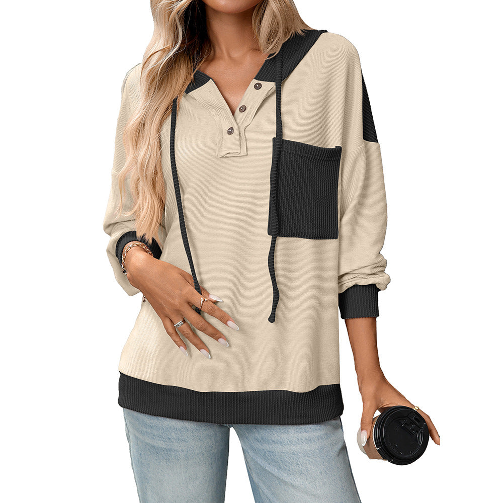 Womens Striped Patchwork Drawstring Hooded Tops Long Sleeve Button Down Loose Casual Knit Pullover Blouses - Seldom Seen Styles