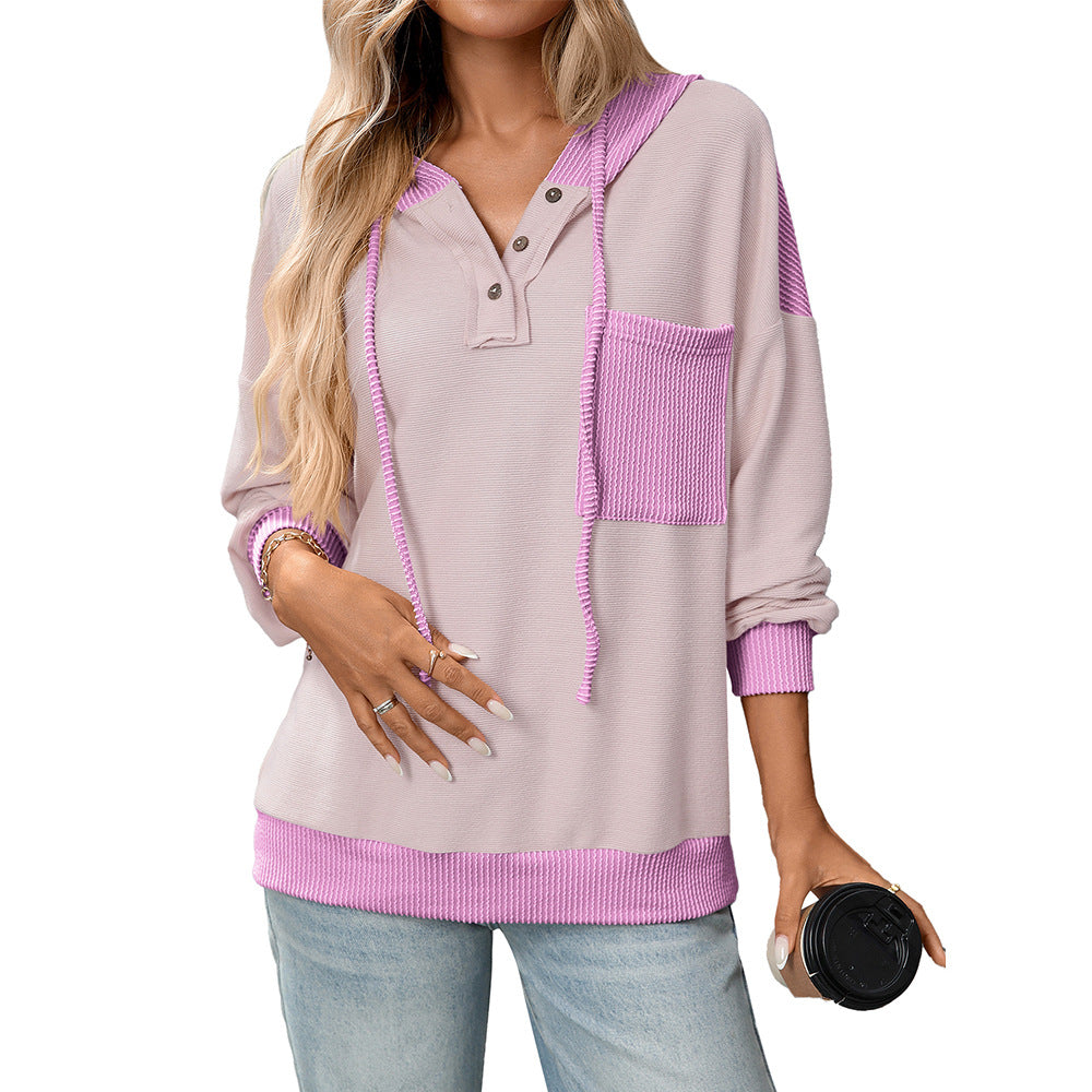 Womens Striped Patchwork Drawstring Hooded Tops Long Sleeve Button Down Loose Casual Knit Pullover Blouses - Seldom Seen Styles