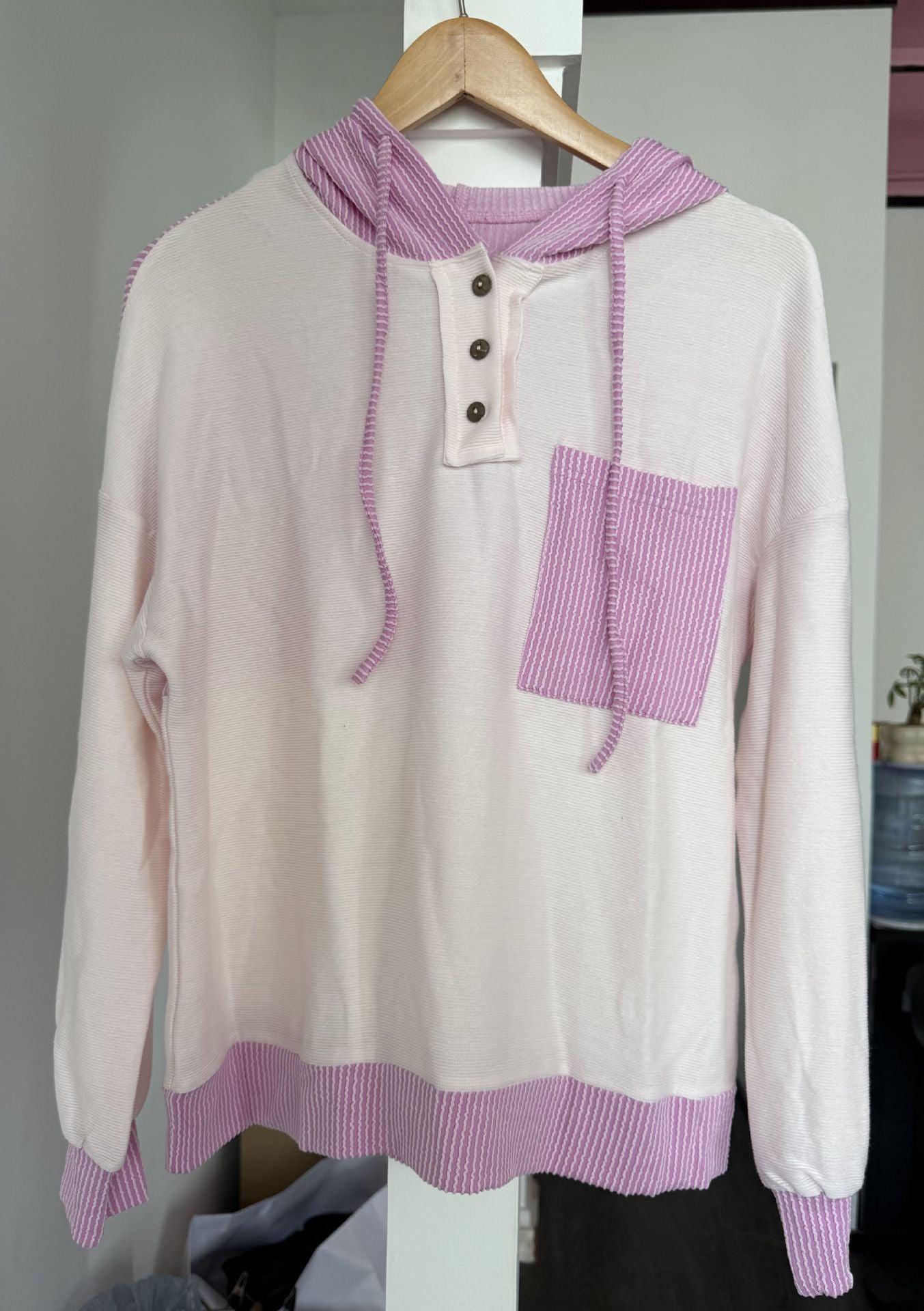 Womens Striped Patchwork Drawstring Hooded Tops Long Sleeve Button Down Loose Casual Knit Pullover Blouses - Seldom Seen Styles