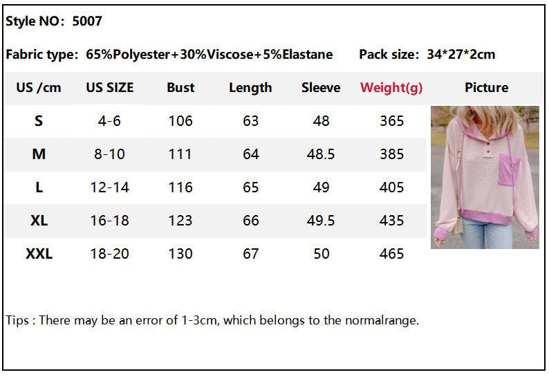 Womens Striped Patchwork Drawstring Hooded Tops Long Sleeve Button Down Loose Casual Knit Pullover Blouses - Seldom Seen Styles