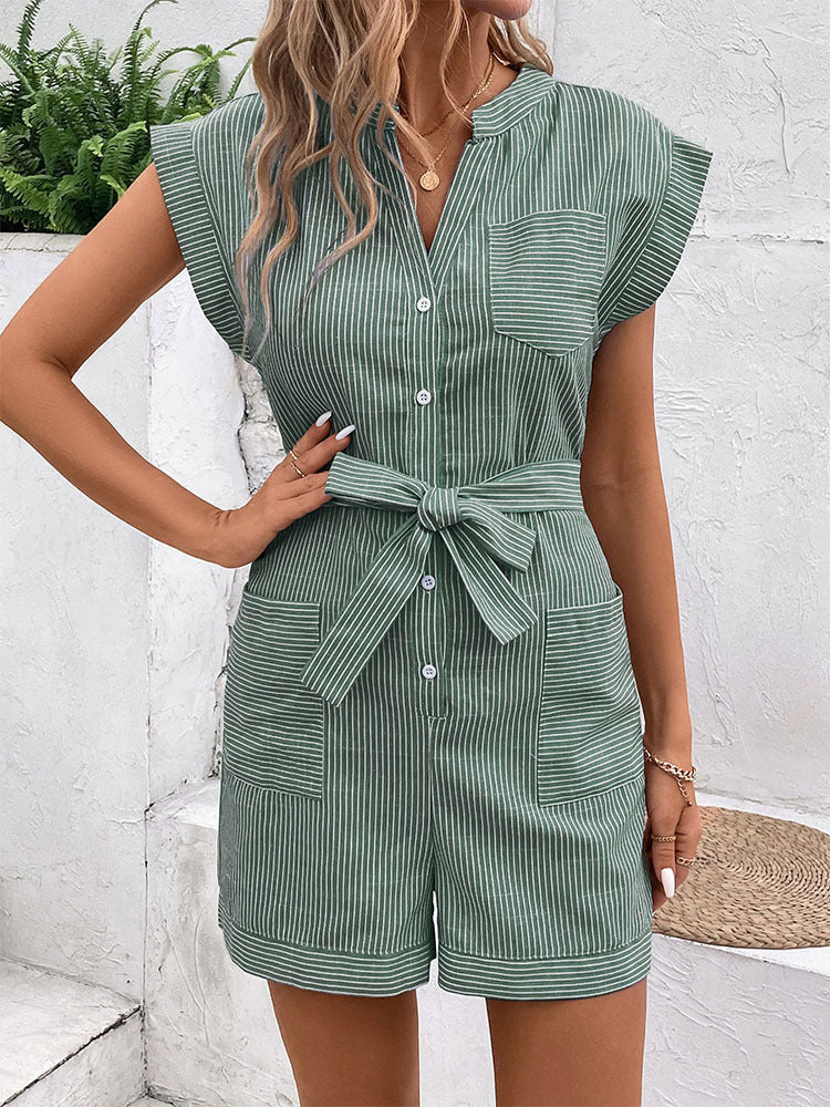 Womens Striped Shorts Romper Dressy Button V Neck Jumpsuits Comfy Business Work Overalls One Piece Jumpsuit w/Pockets - Seldom Seen Styles