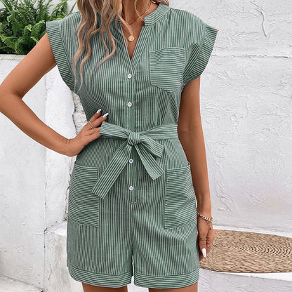 Womens Striped Shorts Romper Dressy Button V Neck Jumpsuits Comfy Business Work Overalls One Piece Jumpsuit w/Pockets - Seldom Seen Styles