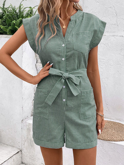 Womens Striped Shorts Romper Dressy Button V Neck Jumpsuits Comfy Business Work Overalls One Piece Jumpsuit w/Pockets - Seldom Seen Styles