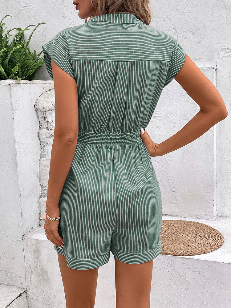 Womens Striped Shorts Romper Dressy Button V Neck Jumpsuits Comfy Business Work Overalls One Piece Jumpsuit w/Pockets - Seldom Seen Styles