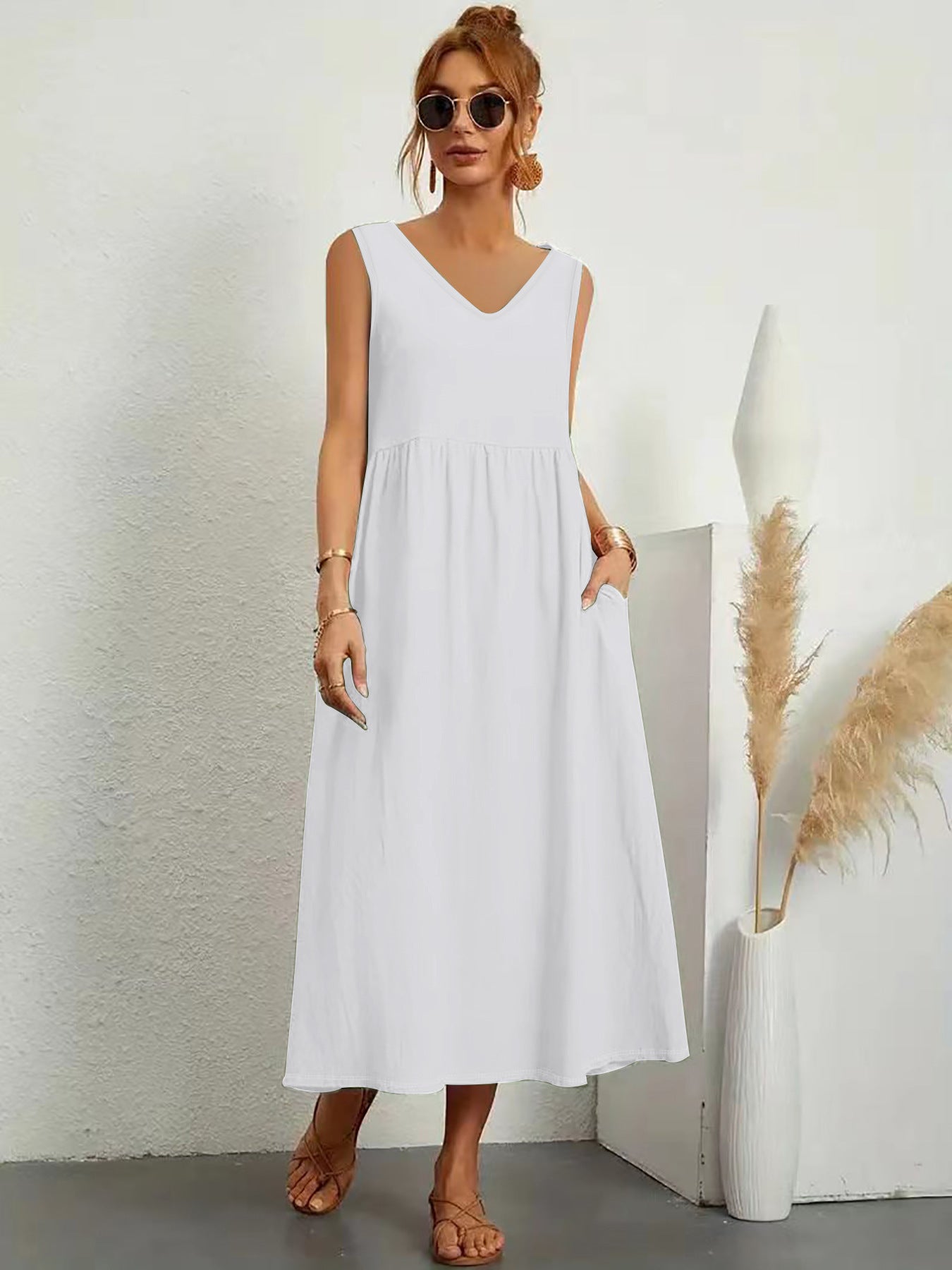 Womens Summer Maxi Dresses Fit & Flare Flowy V Neck Sleeveless Swing Casual Tiered Beach Sundress with Pockets - Seldom Seen Styles