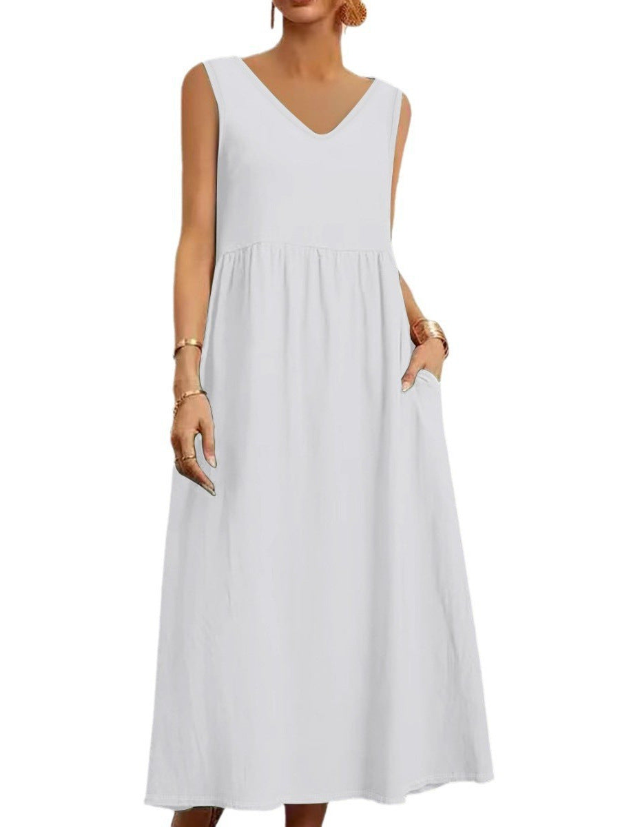 Womens Summer Maxi Dresses Fit & Flare Flowy V Neck Sleeveless Swing Casual Tiered Beach Sundress with Pockets - Seldom Seen Styles