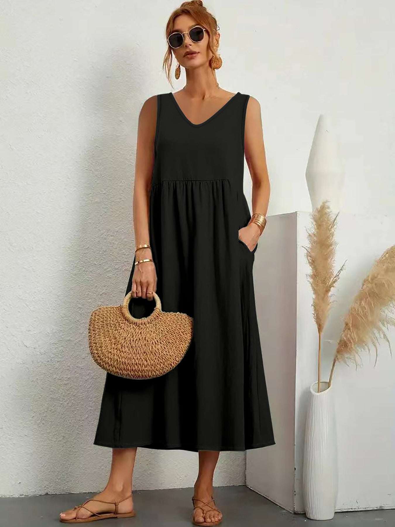 Womens Summer Maxi Dresses Fit & Flare Flowy V Neck Sleeveless Swing Casual Tiered Beach Sundress with Pockets - Seldom Seen Styles