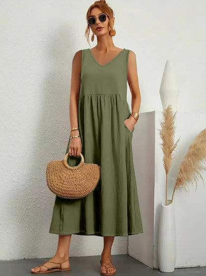 Womens Summer Maxi Dresses Fit & Flare Flowy V Neck Sleeveless Swing Casual Tiered Beach Sundress with Pockets - Seldom Seen Styles