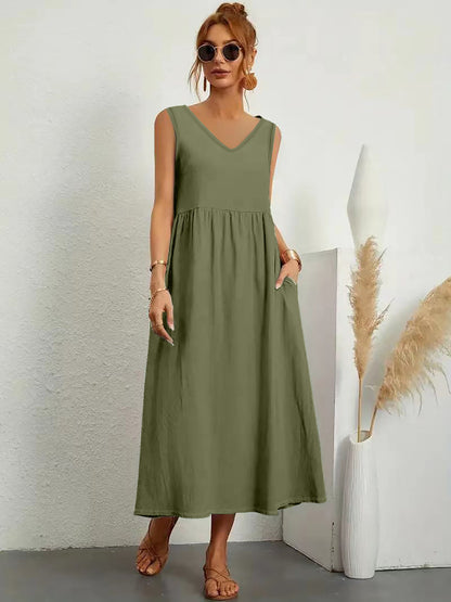 Womens Summer Maxi Dresses Fit & Flare Flowy V Neck Sleeveless Swing Casual Tiered Beach Sundress with Pockets - Seldom Seen Styles