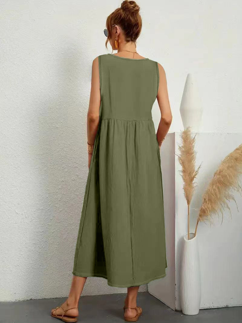 Womens Summer Maxi Dresses Fit & Flare Flowy V Neck Sleeveless Swing Casual Tiered Beach Sundress with Pockets - Seldom Seen Styles