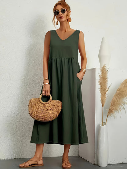 Womens Summer Maxi Dresses Fit & Flare Flowy V Neck Sleeveless Swing Casual Tiered Beach Sundress with Pockets - Seldom Seen Styles