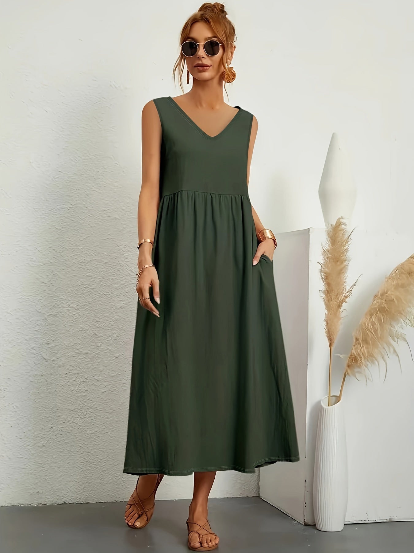 Womens Summer Maxi Dresses Fit & Flare Flowy V Neck Sleeveless Swing Casual Tiered Beach Sundress with Pockets - Seldom Seen Styles