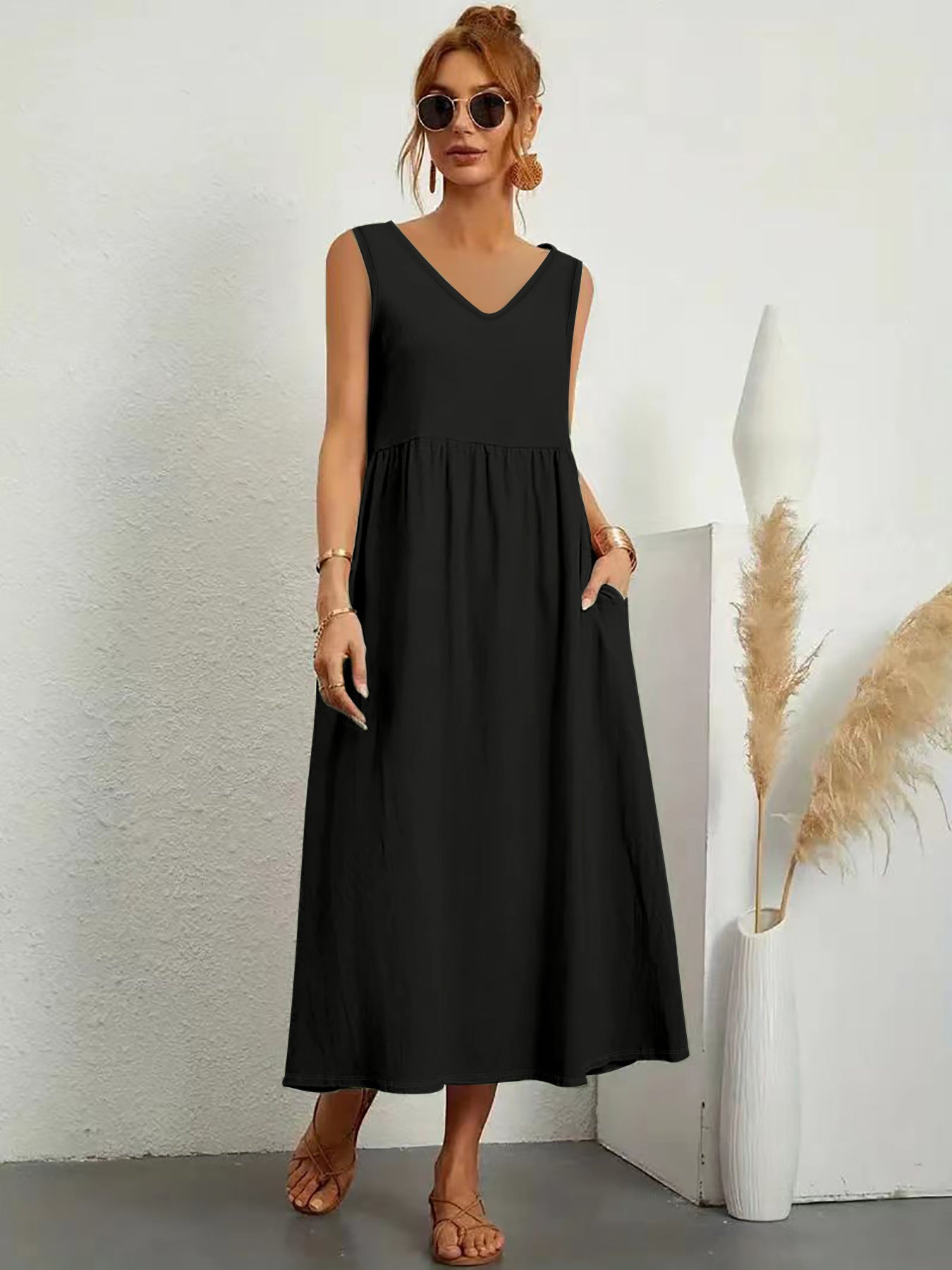 Womens Summer Maxi Dresses Fit & Flare Flowy V Neck Sleeveless Swing Casual Tiered Beach Sundress with Pockets - Seldom Seen Styles