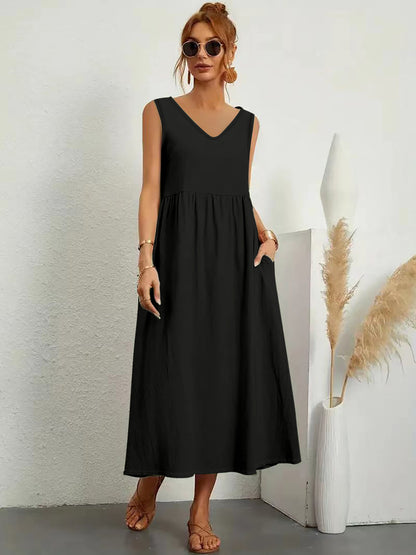 Womens Summer Maxi Dresses Fit & Flare Flowy V Neck Sleeveless Swing Casual Tiered Beach Sundress with Pockets - Seldom Seen Styles