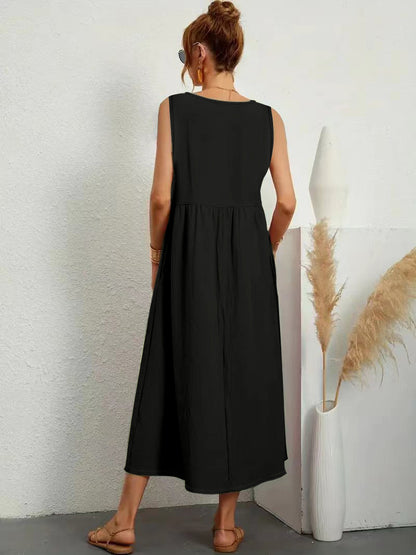 Womens Summer Maxi Dresses Fit & Flare Flowy V Neck Sleeveless Swing Casual Tiered Beach Sundress with Pockets - Seldom Seen Styles