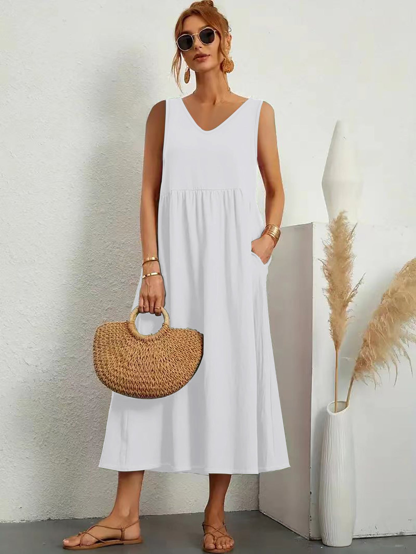Womens Summer Maxi Dresses Fit & Flare Flowy V Neck Sleeveless Swing Casual Tiered Beach Sundress with Pockets - Seldom Seen Styles