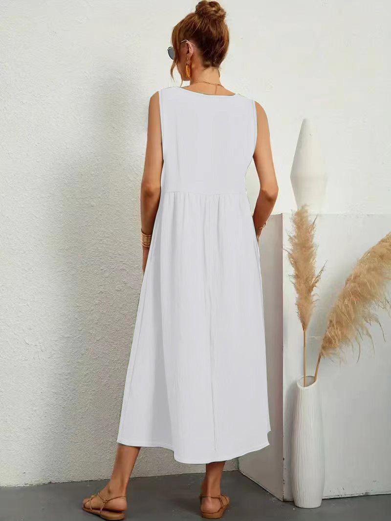 Womens Summer Maxi Dresses Fit & Flare Flowy V Neck Sleeveless Swing Casual Tiered Beach Sundress with Pockets - Seldom Seen Styles