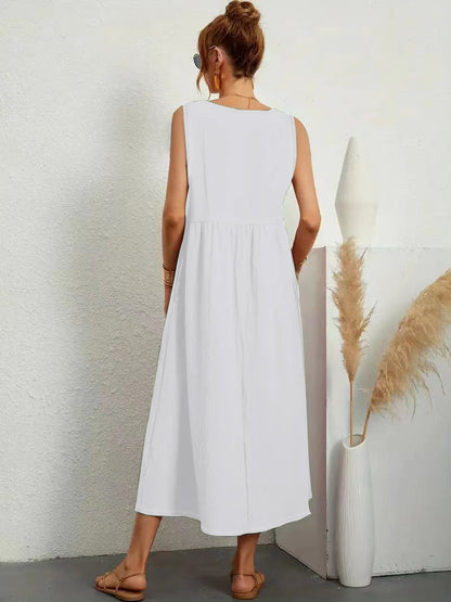 Womens Summer Maxi Dresses Fit & Flare Flowy V Neck Sleeveless Swing Casual Tiered Beach Sundress with Pockets - Seldom Seen Styles