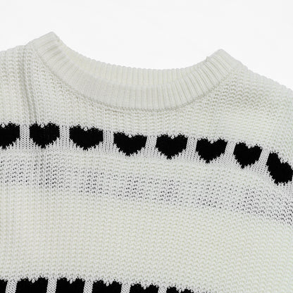 Womens Sweater Round Neck Tops 2025 Trendy White Contrast Heart Pattern Crew Neck Sweater - Seldom Seen Styles