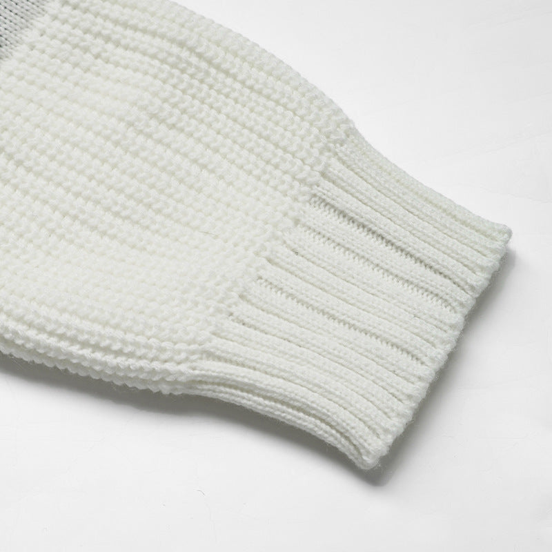 Womens Sweater Round Neck Tops 2025 Trendy White Contrast Heart Pattern Crew Neck Sweater - Seldom Seen Styles