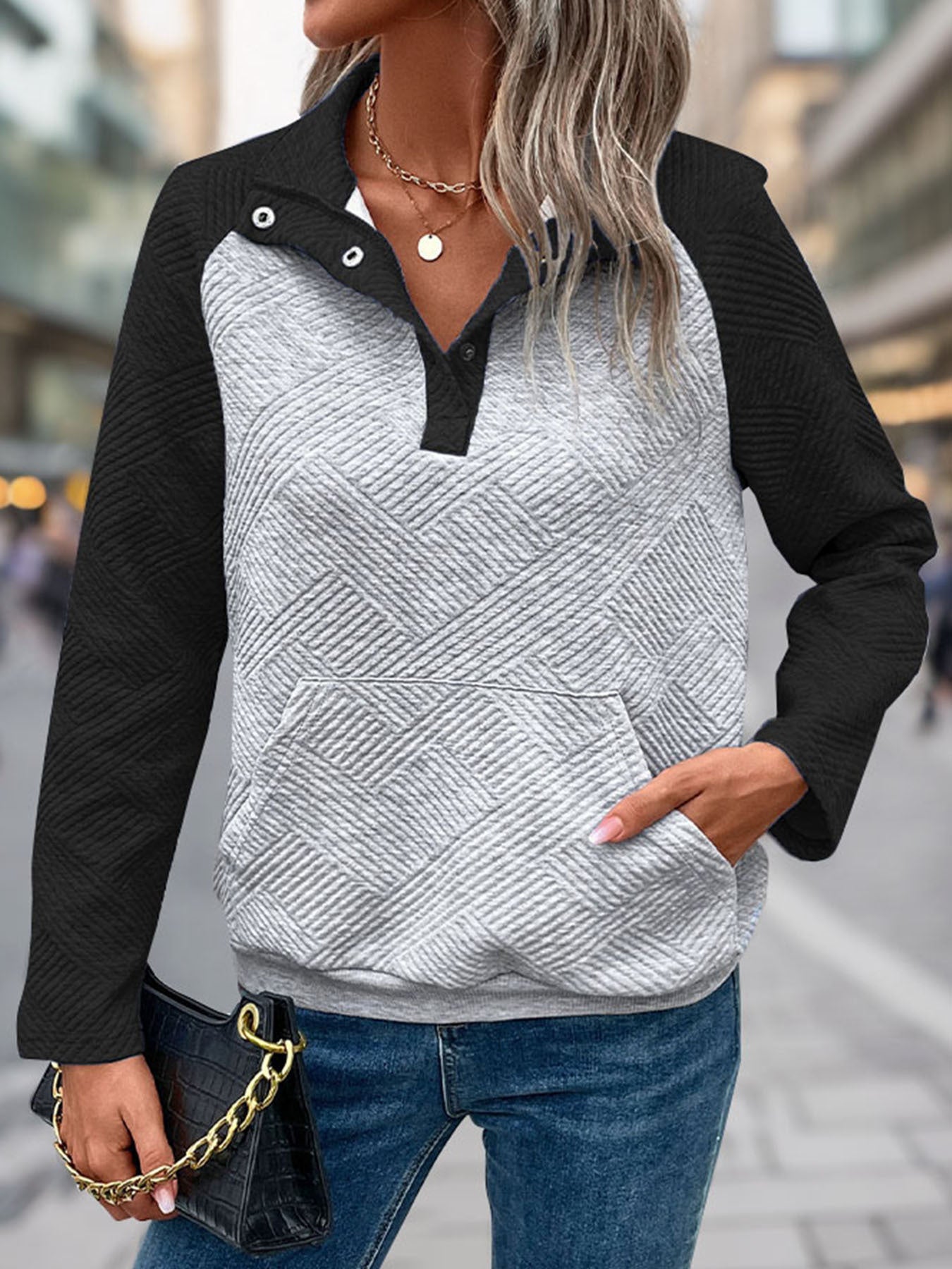 Womens Sweatshirt Casual Textured Long Sleeve Henley Button V Neck Loose Pullover 2025 Trendy Fall Outfits Tops - Seldom Seen Styles