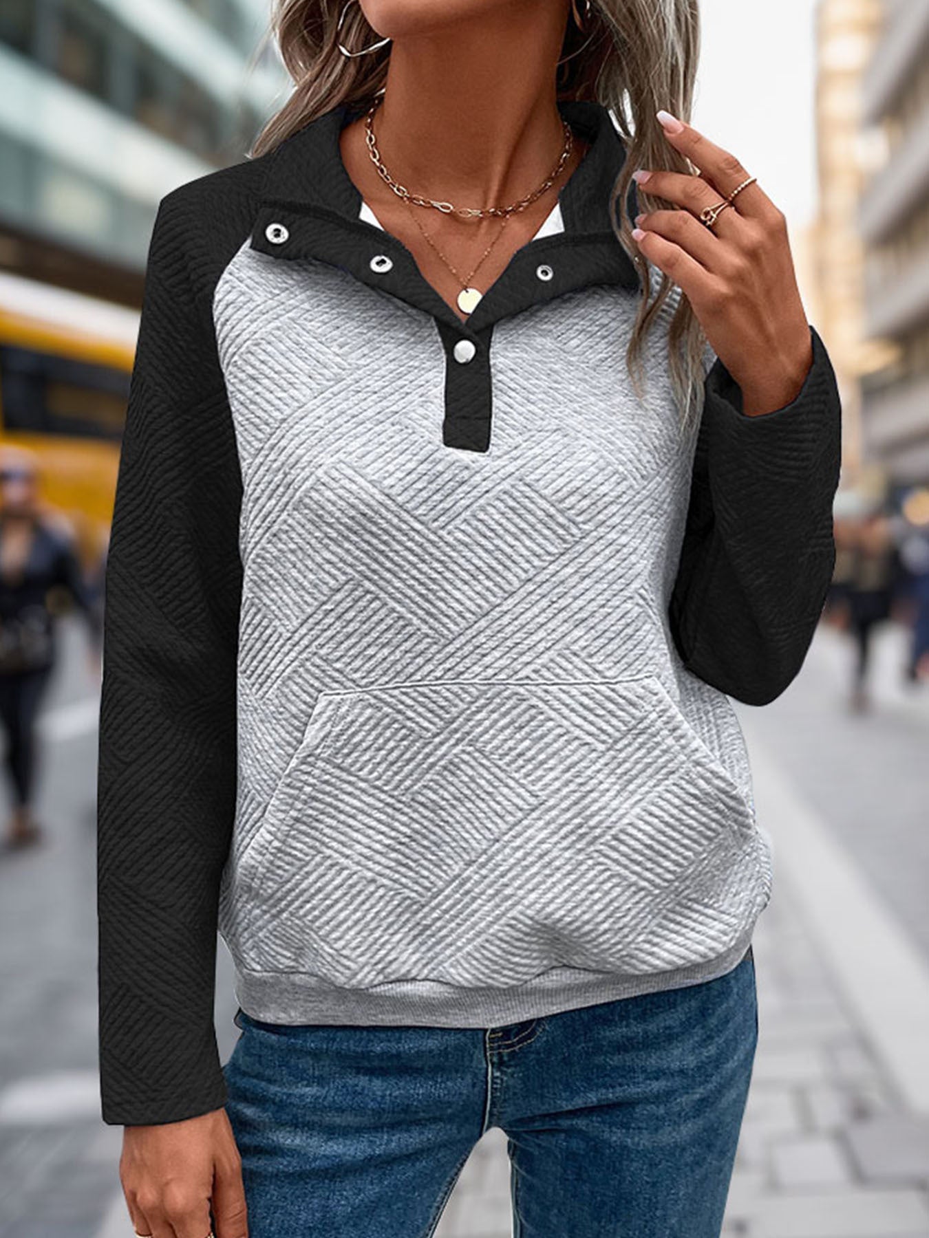 Womens Sweatshirt Casual Textured Long Sleeve Henley Button V Neck Loose Pullover 2025 Trendy Fall Outfits Tops - Seldom Seen Styles