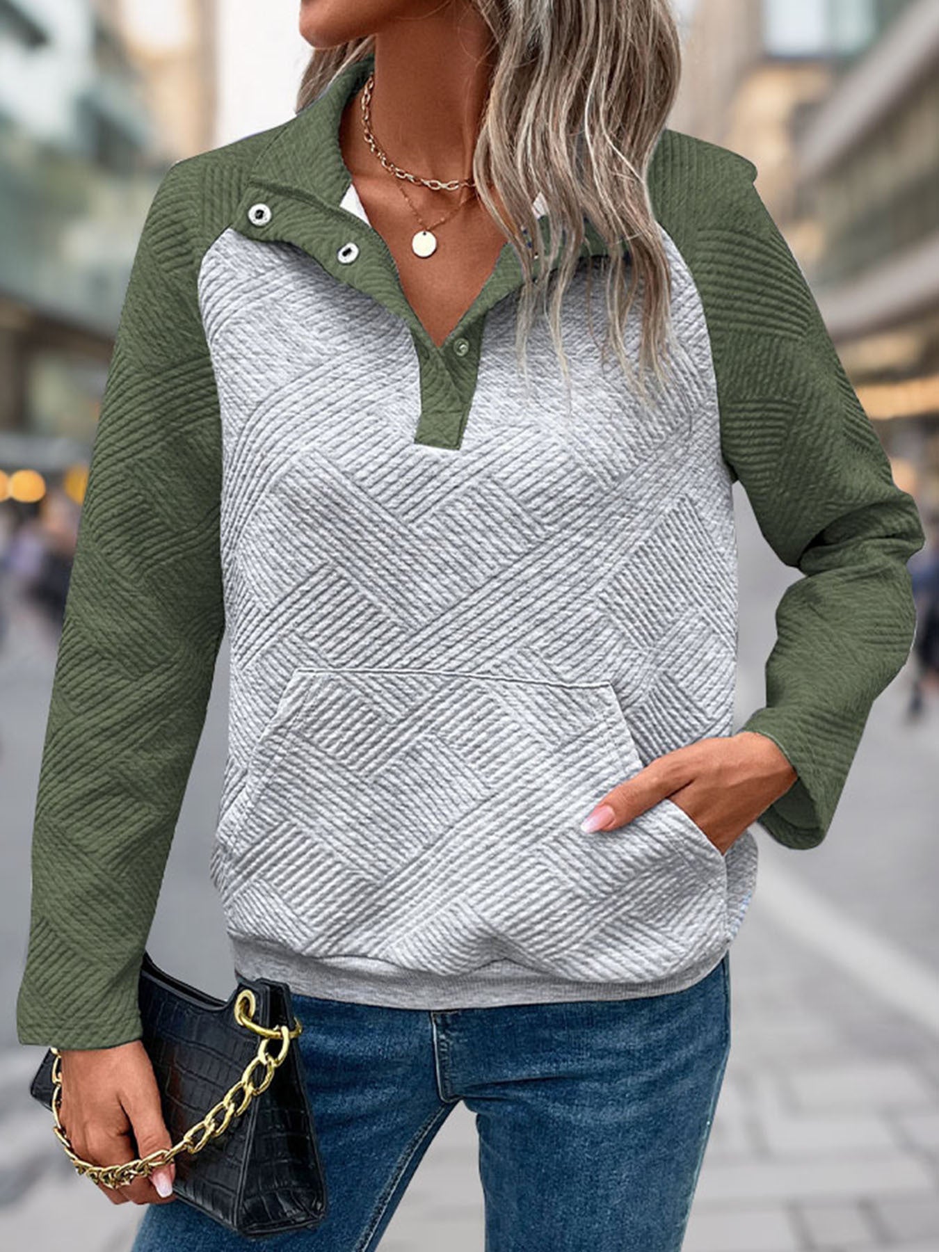 Womens Sweatshirt Casual Textured Long Sleeve Henley Button V Neck Loose Pullover 2025 Trendy Fall Outfits Tops - Seldom Seen Styles