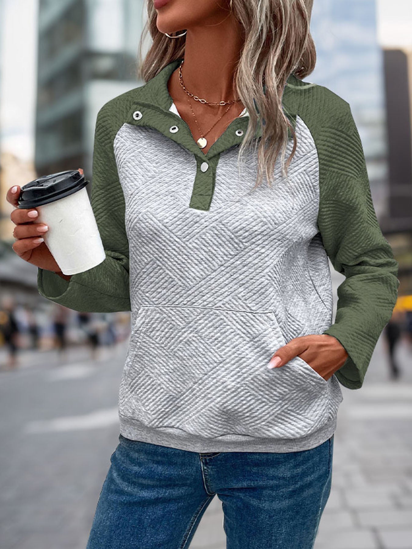 Womens Sweatshirt Casual Textured Long Sleeve Henley Button V Neck Loose Pullover 2025 Trendy Fall Outfits Tops - Seldom Seen Styles