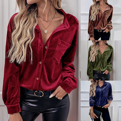 Womens Winter Velvet Long Sleeve Button Down Casual Tops Shirts - Seldom Seen Styles