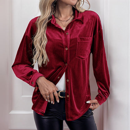 Womens Winter Velvet Long Sleeve Button Down Casual Tops Shirts - Seldom Seen Styles