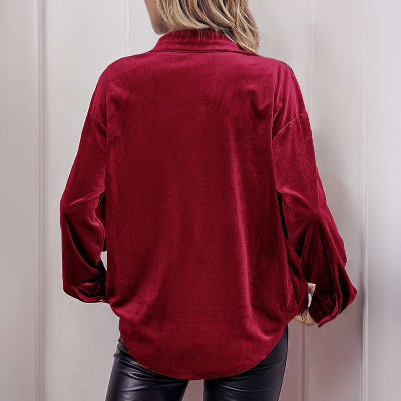 Womens Winter Velvet Long Sleeve Button Down Casual Tops Shirts - Seldom Seen Styles