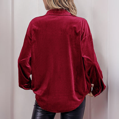 Womens Winter Velvet Long Sleeve Button Down Casual Tops Shirts - Seldom Seen Styles