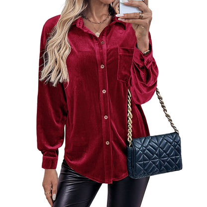 Womens Winter Velvet Long Sleeve Button Down Casual Tops Shirts - Seldom Seen Styles