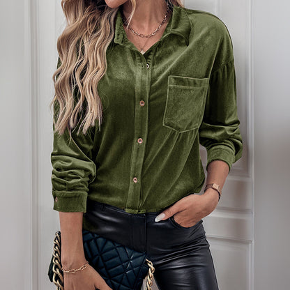 Womens Winter Velvet Long Sleeve Button Down Casual Tops Shirts - Seldom Seen Styles