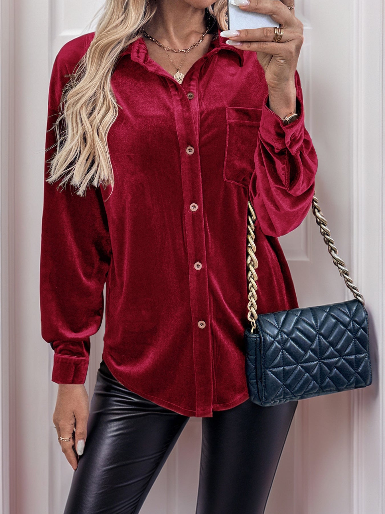 Womens Winter Velvet Long Sleeve Button Down Casual Tops Shirts - Seldom Seen Styles