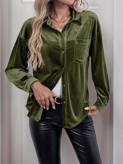 Womens Winter Velvet Long Sleeve Button Down Casual Tops Shirts - Seldom Seen Styles