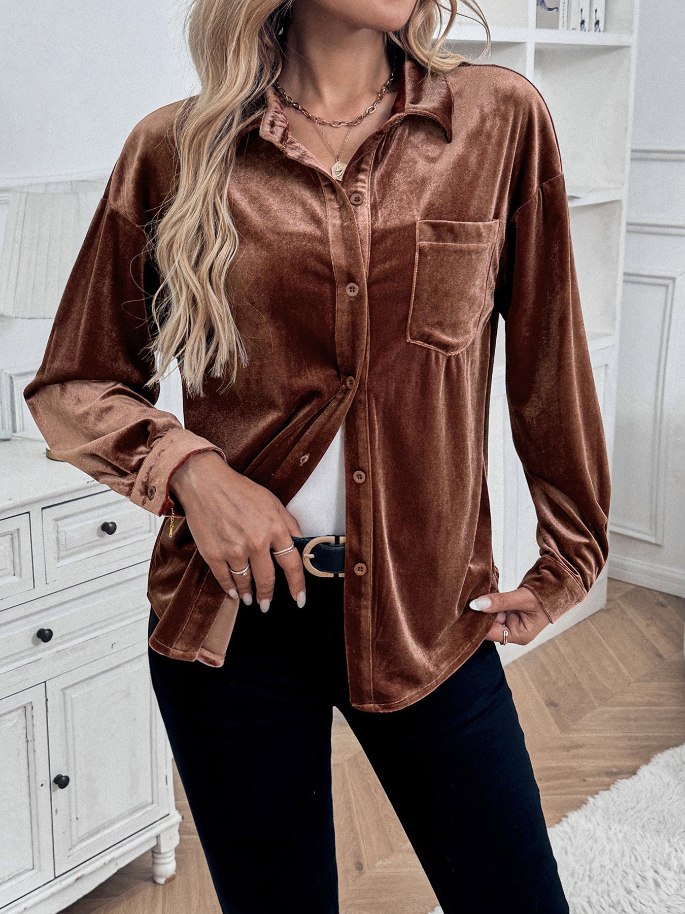 Womens Winter Velvet Long Sleeve Button Down Casual Tops Shirts - Seldom Seen Styles