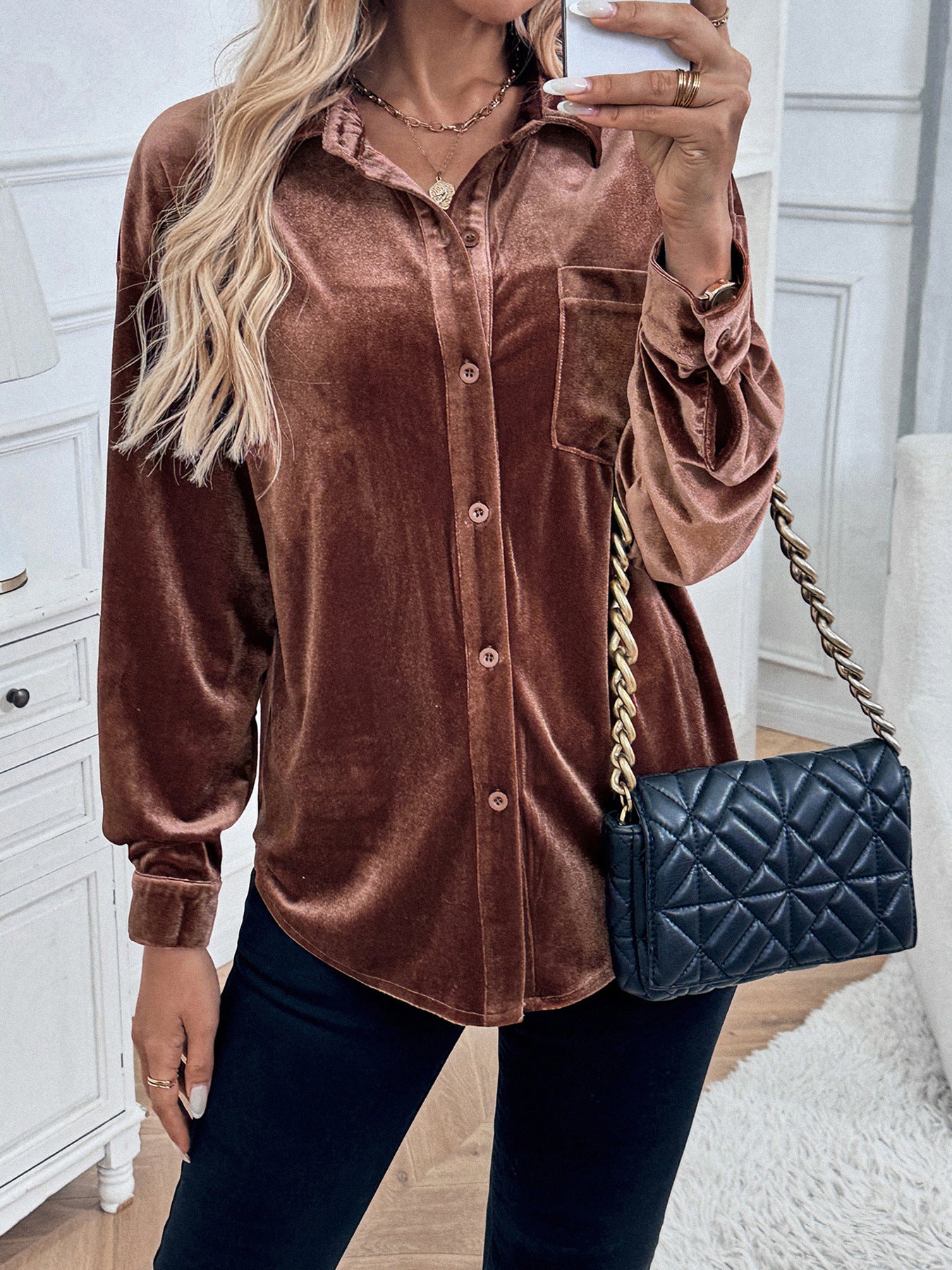 Womens Winter Velvet Long Sleeve Button Down Casual Tops Shirts - Seldom Seen Styles