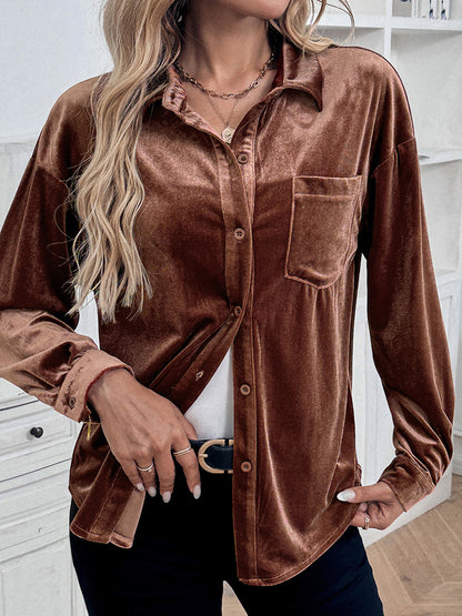 Womens Winter Velvet Long Sleeve Button Down Casual Tops Shirts - Seldom Seen Styles