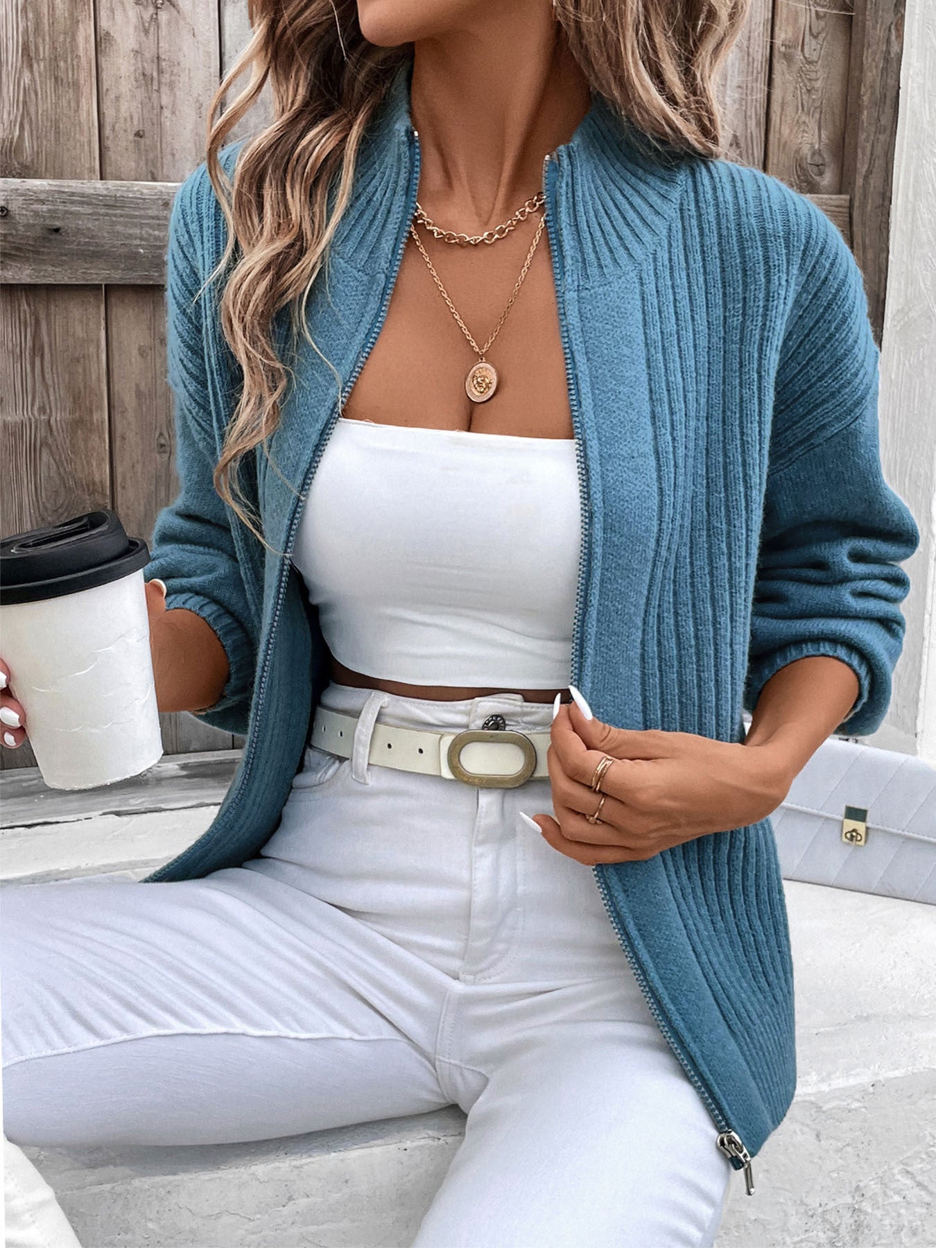 Womens Zip Up Cardigan Sweater Blue Mock Neck Long Sleeve Tops Casual Loose Rib Knit 2025 Spring Fashion Clothes - Seldom Seen Styles