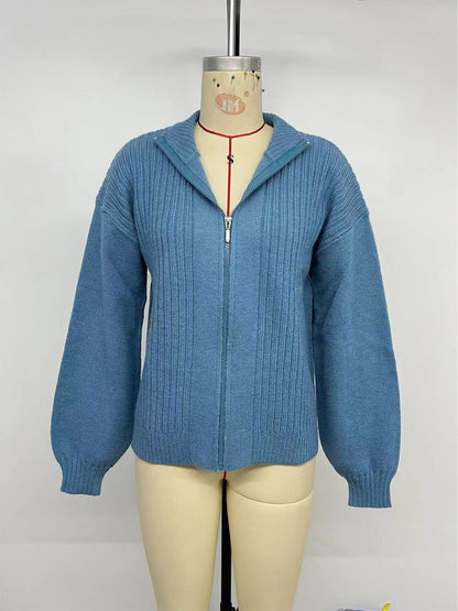 Womens Zip Up Cardigan Sweater Blue Mock Neck Long Sleeve Tops Casual Loose Rib Knit 2025 Spring Fashion Clothes - Seldom Seen Styles