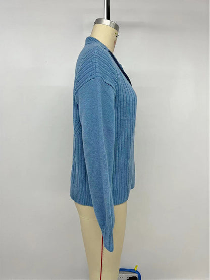 Womens Zip Up Cardigan Sweater Blue Mock Neck Long Sleeve Tops Casual Loose Rib Knit 2025 Spring Fashion Clothes - Seldom Seen Styles