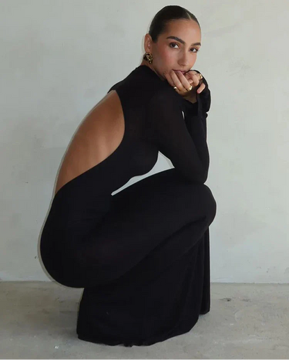 XENIA MAXI DRESS Black Backless Long-Sleeved DRESS - Seldom Seen Styles