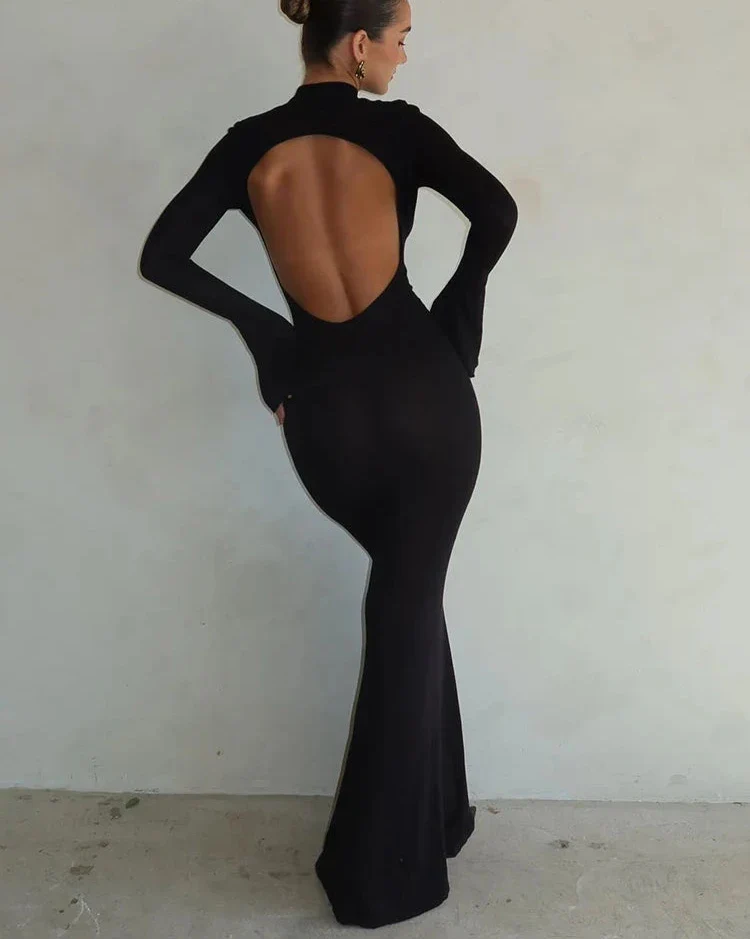 XENIA MAXI DRESS Black Backless Long-Sleeved DRESS - Seldom Seen Styles